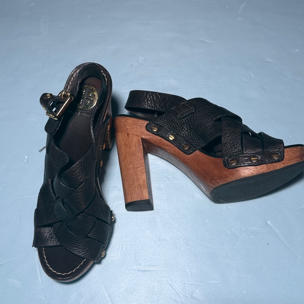 TORY BURCH Women’s 8 M Jodie Brown Leather Woven Platform Heel Sandals - Picture 2 of 15